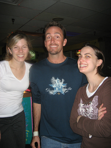 Sarah, Hugh, Jen bowling
